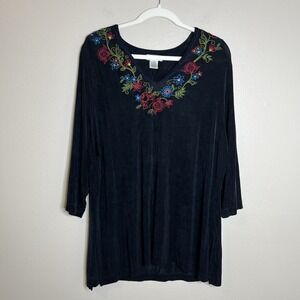 Women Tunic top 2x Relax‎ Fit Whimsigoth Embroidered Dark Floral Witchy Romantic